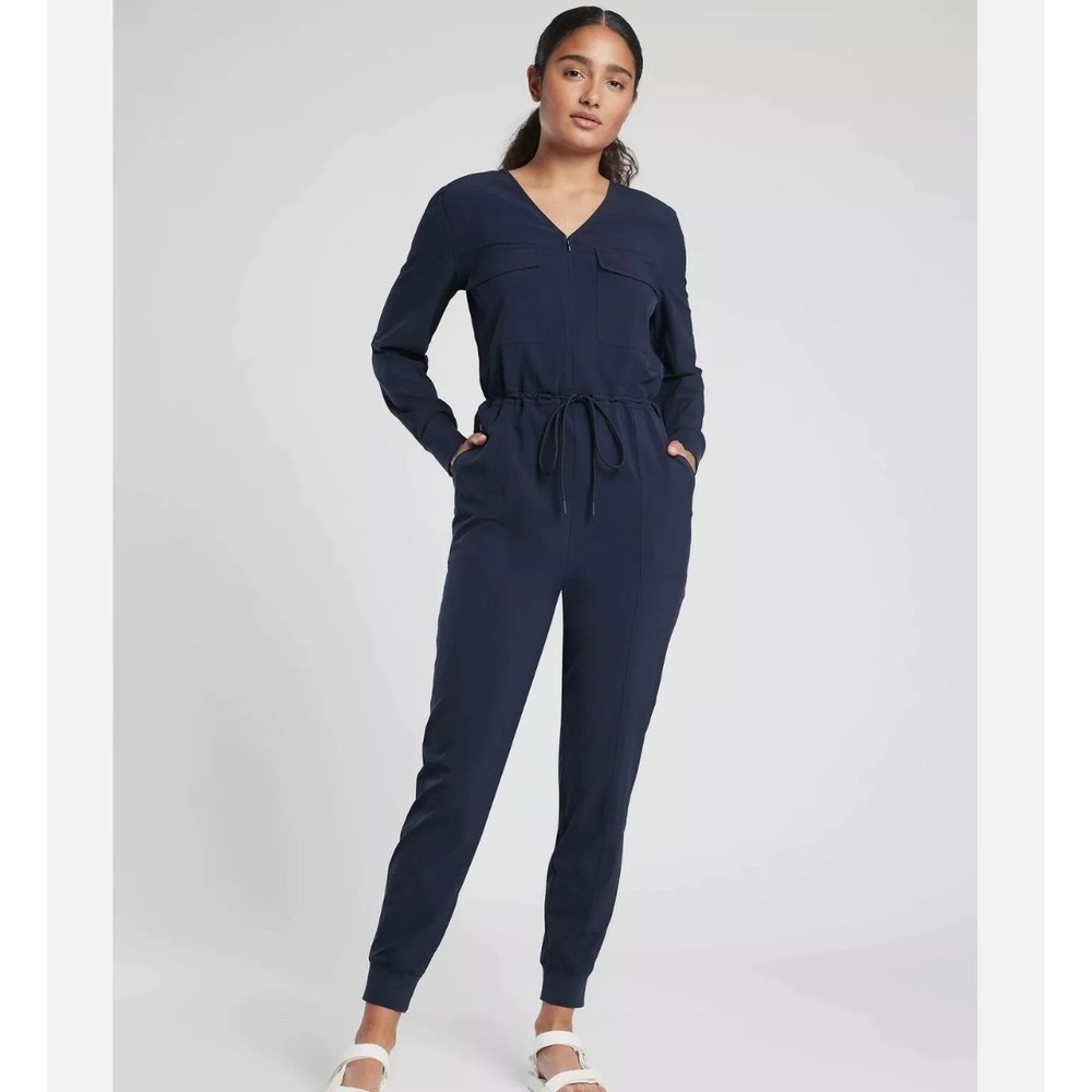 Athleta Jumpsuit Womens XS Navy Blue Long Sleeve Drawstring Utility Brooklyn